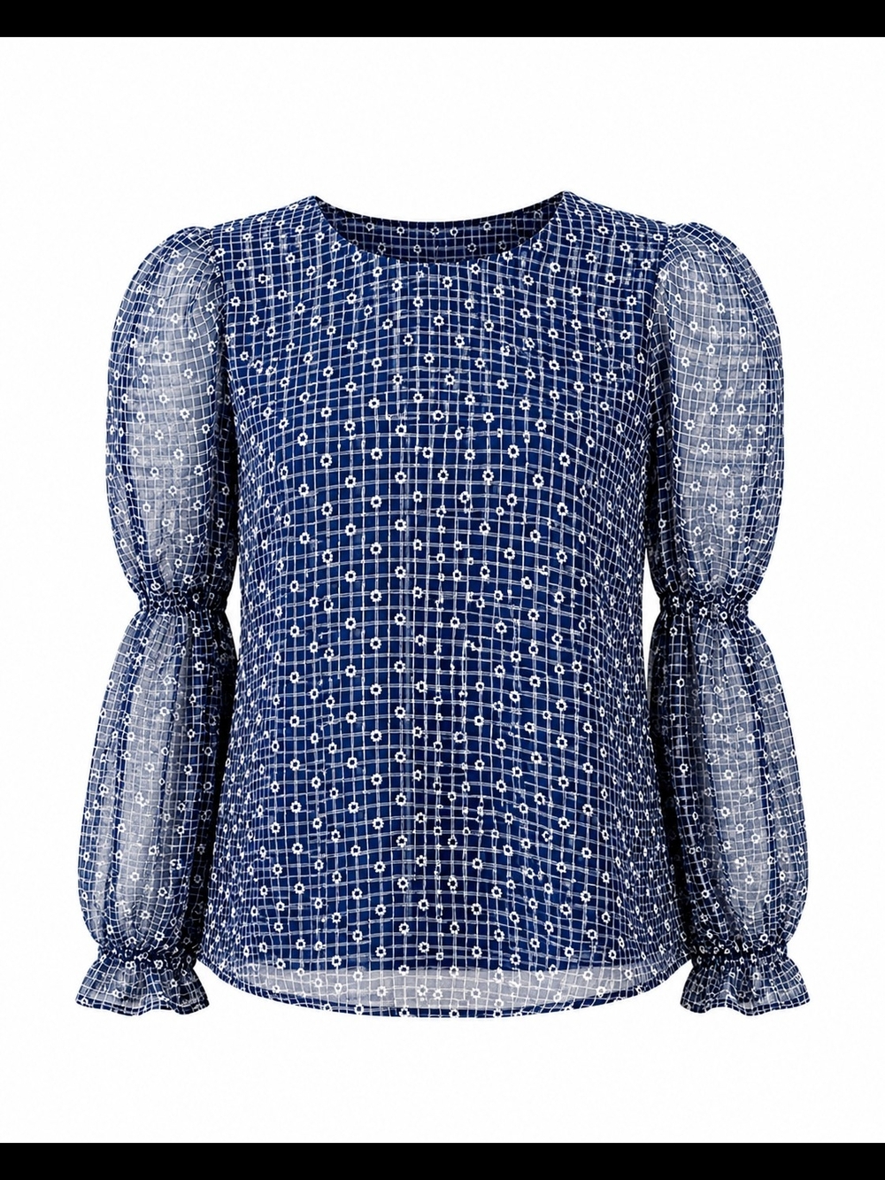 Eva Franco Navy Grid-Print Puff-Sleeve Blouse